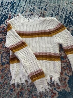 Distressed Stripe Knit Sweater - White with Mustard & Mauve